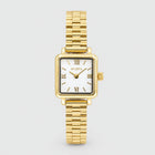 CLARA Square Bracelet Watch in gold tone with a white Roman numeral dial on a light grey background