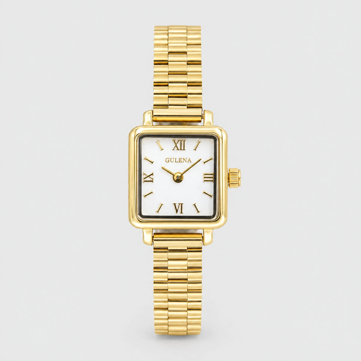 CLARA Square Bracelet Watch in gold tone with a white Roman numeral dial on a light grey background