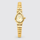 ISLA Teardrop Bracelet Watch in gold tone with a faceted teardrop dial and crystal-set chevron plates on a light grey background