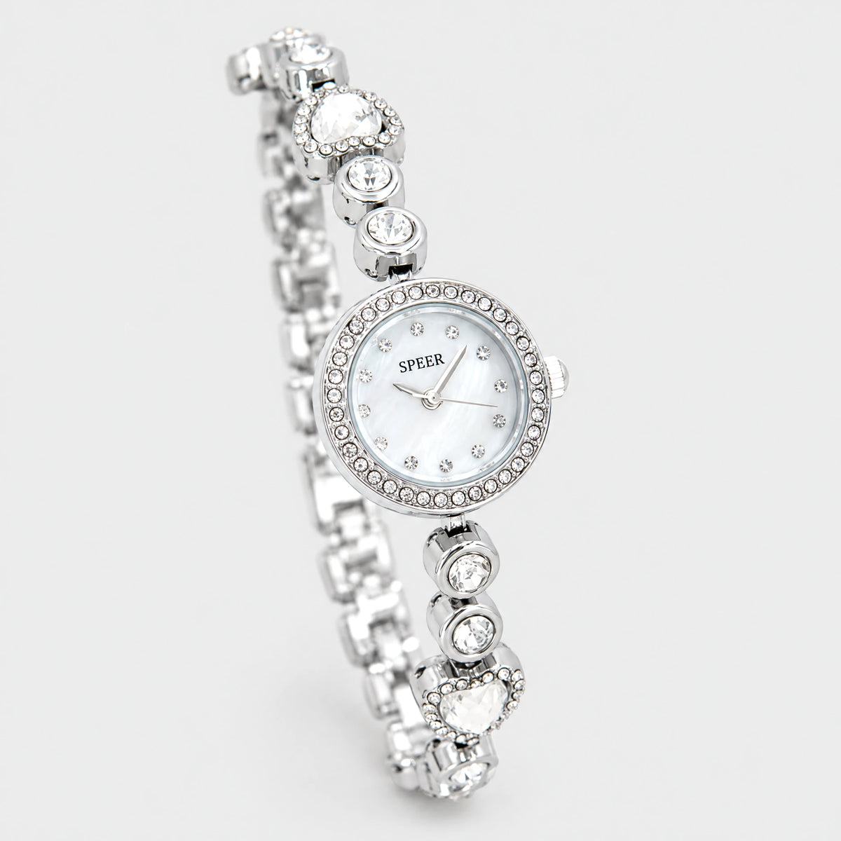 LOLA Heart Bracelet Watch in silver tone with a crystal-rimmed dial and heart links