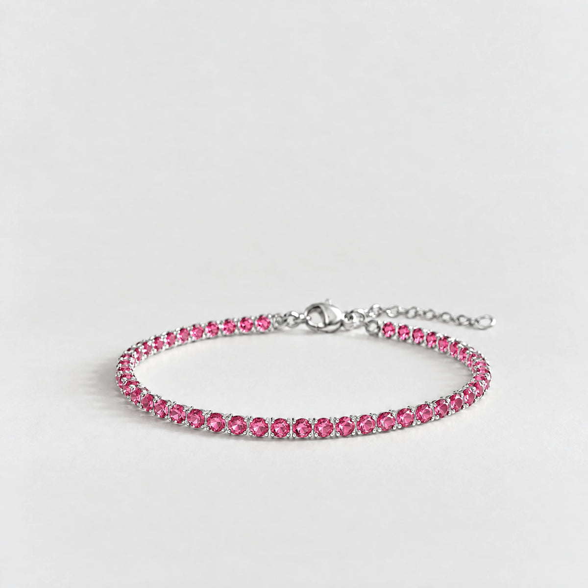 MAYA Birthstone Tennis Bracelet in silver plating with rose-pink crystals for July