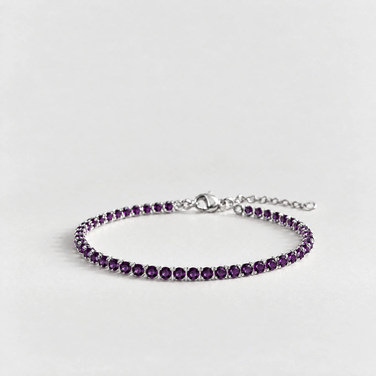 MAYA Birthstone Tennis Bracelet in silver plating with amethyst-purple crystals for June