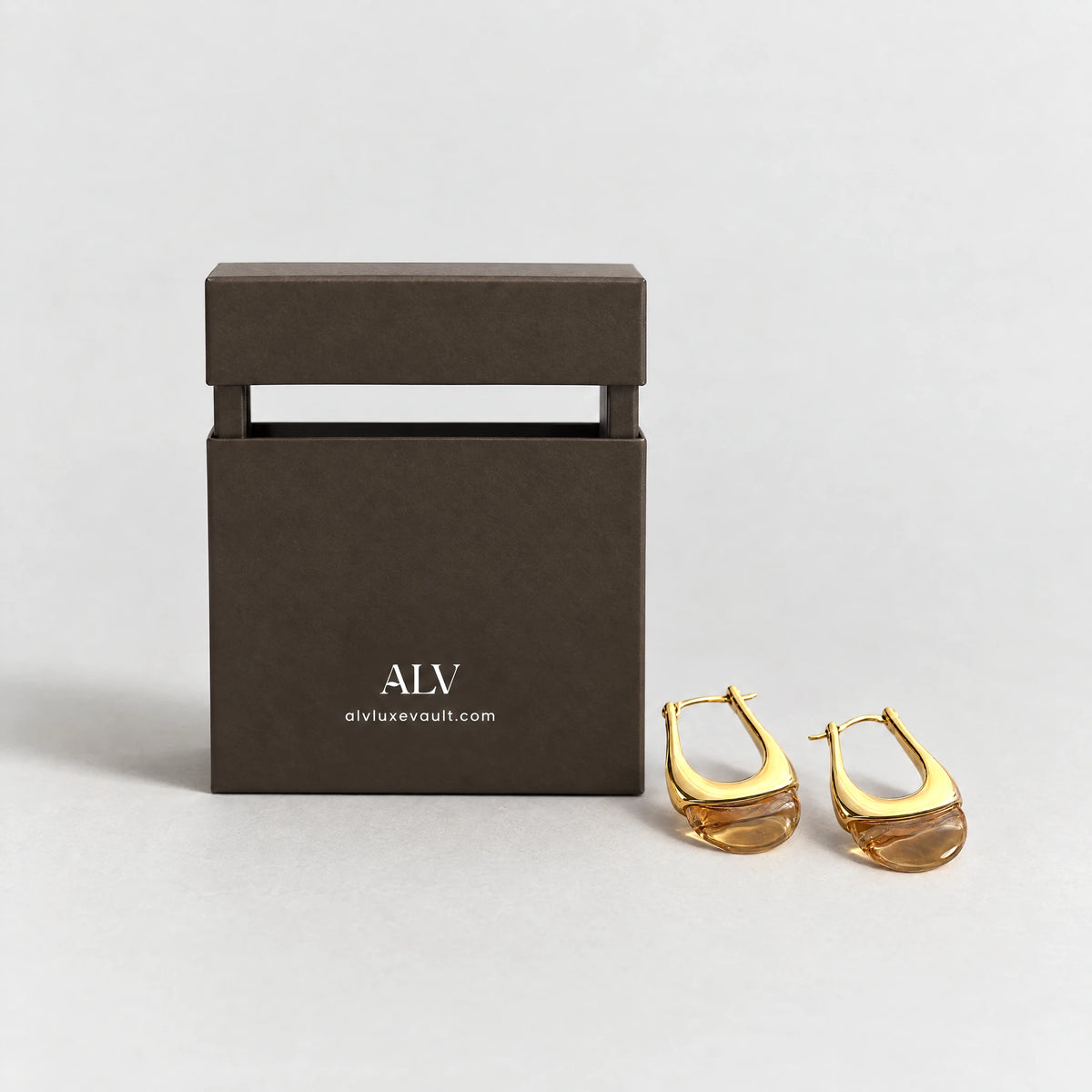 Pia U-Shape Hoop Earrings beside the ALV gift box