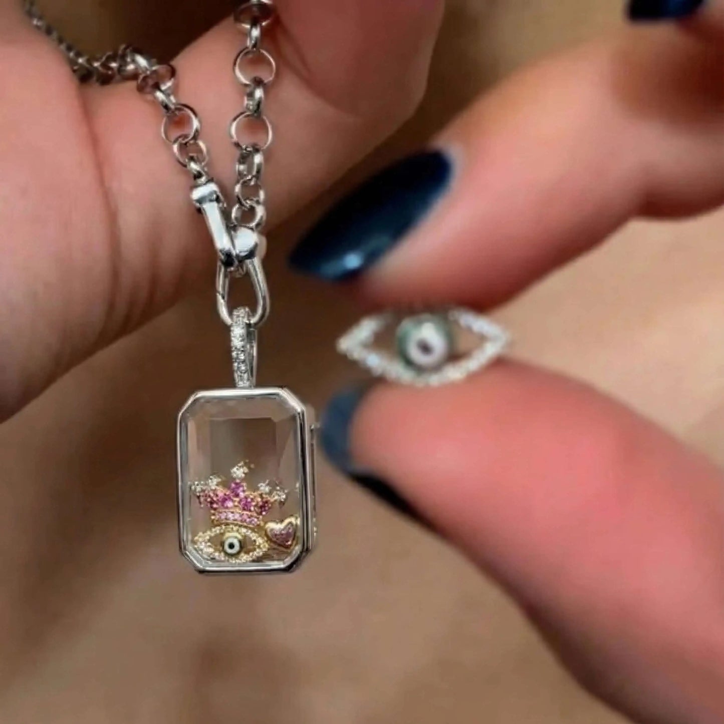 SILVER OCTA CRYSTAL LOCKET NECKLACE